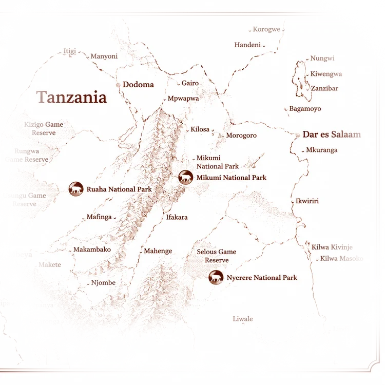 Map of Northern Tanzania showing Tarangire, Ngorongoro, Nduti and Serengeti  National Parks