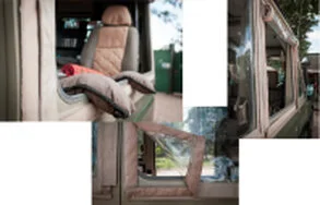 Interior of photographic safari vehicle with window seats for four photographers