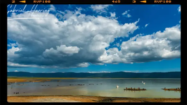 During the green season the Ngorongoro has a lot of water in the salty lake. Blue sky and nice clouds complete the scenery
