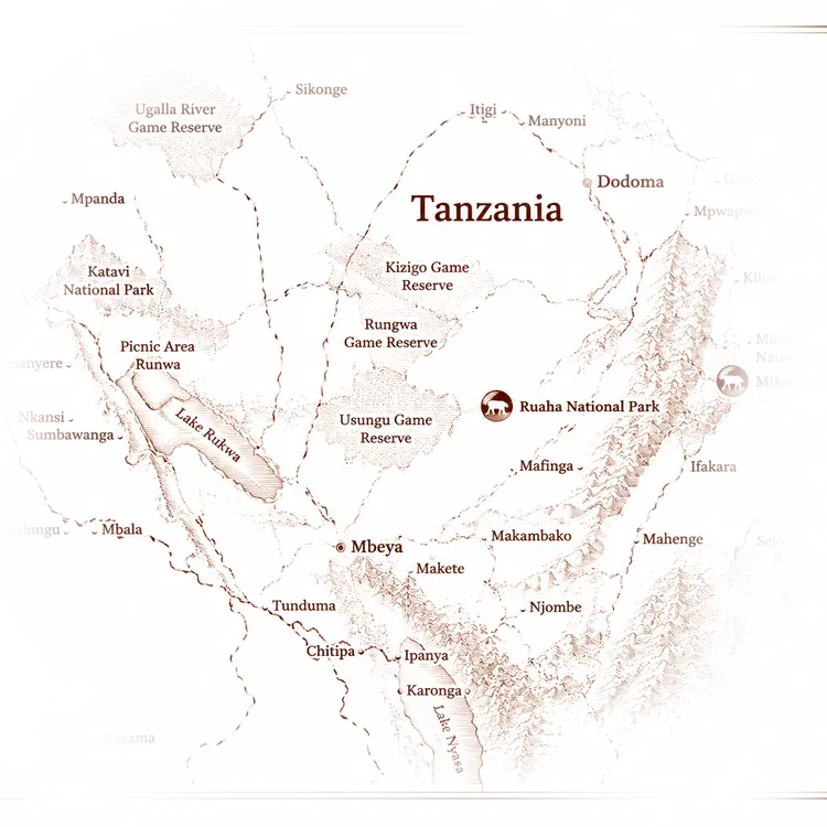 Map of Southern Tanzania showing Ruaha and Katavi National Parks