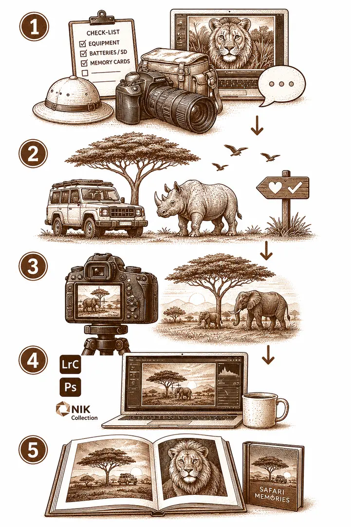 The photographic safari in tanzania workshop has five different stages from pre-departur until returning at home