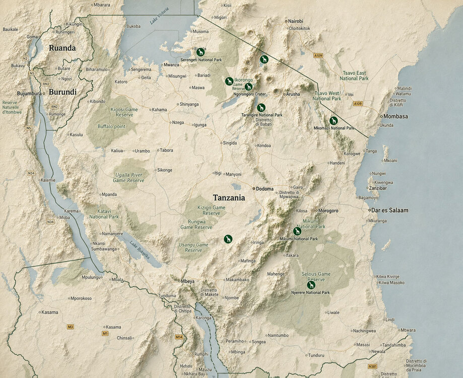 Map of Tanzania showing national parks available for bespoke and tailor-made photographic safaris