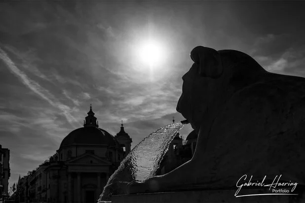 Black and white fountain silhouette with Roman church dome in the background
