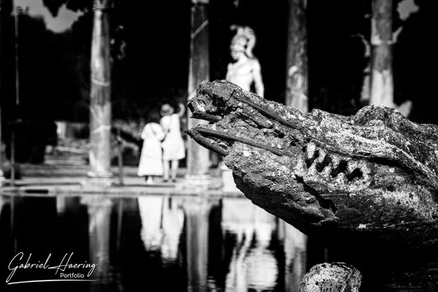 Black and white crocodile sculpture detail with statues in the background