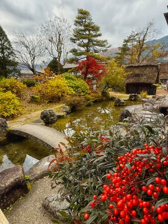 Panorama of Shirakawa-Go village and valley forest in autumn foliage