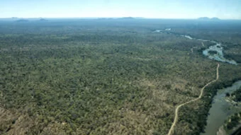 Aerial view over Ruaha National Park showing river, woodland and vast remote wilderness in Tanzania
