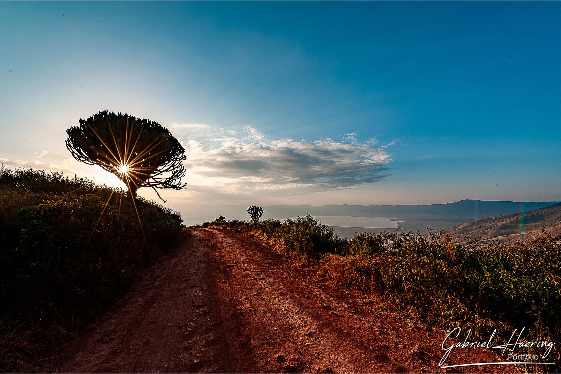 Sunlit road and highland landscape near Ngorongoro Conservation Area Tanzania